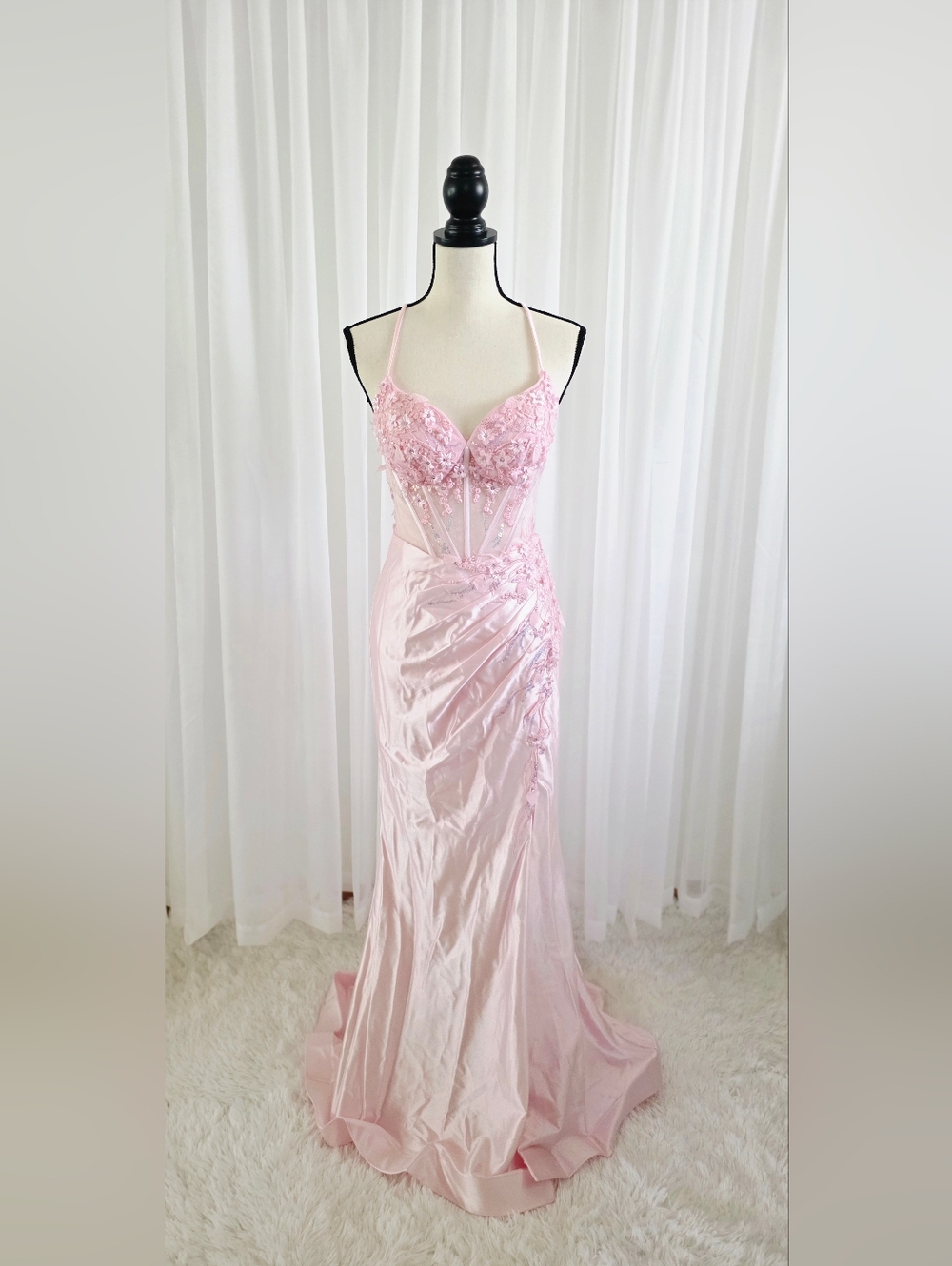 Blush Pink Lace Appliqué Satin Gown